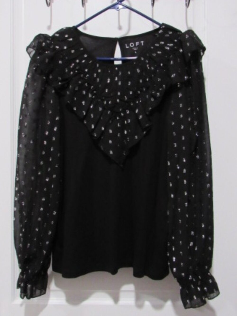 Loft Shimmer Dotted Ruffle Yolk Mixed Media Top L NWT